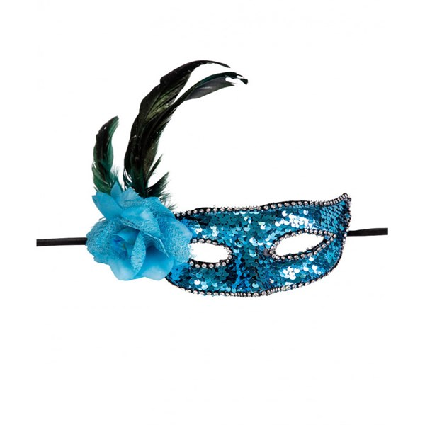Immagine di MASCHERA IN PLASTICA CON PAILLETTES AZZURRE, FIORE