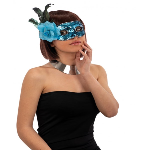 Immagine di MASCHERA IN PLASTICA CON PAILLETTES AZZURRE, FIORE
